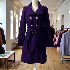 Vintage Guess Purple Wool Blend Military Trench Coat Gold Buttons Belted Size M